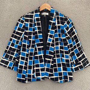 Kasper Blazer Womens 10 Blue Black Pattern Stretch 3/4 Sleeve Shawl Lapel Jacket